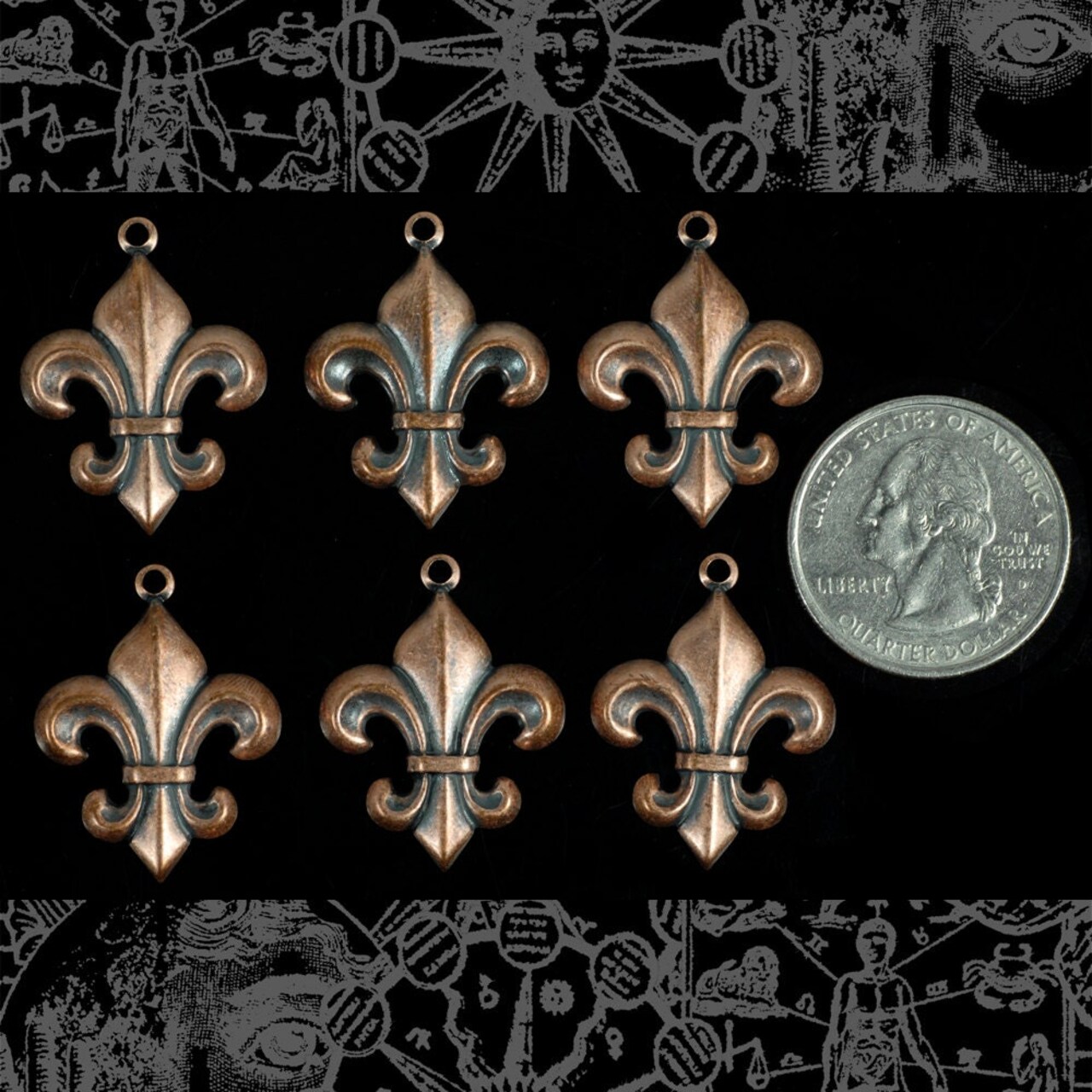 Antiqued Copper Plated Brass Fleur De Lis Charms - Set of Six - C-C62